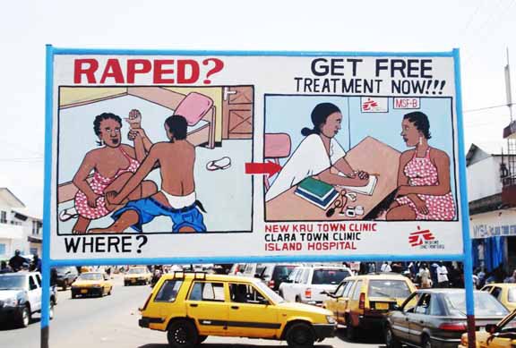 Das Bild sagt: "Vergewaltigt? Wo? Lassen Sie sich behandeln in dieser Klinik behandeln!"